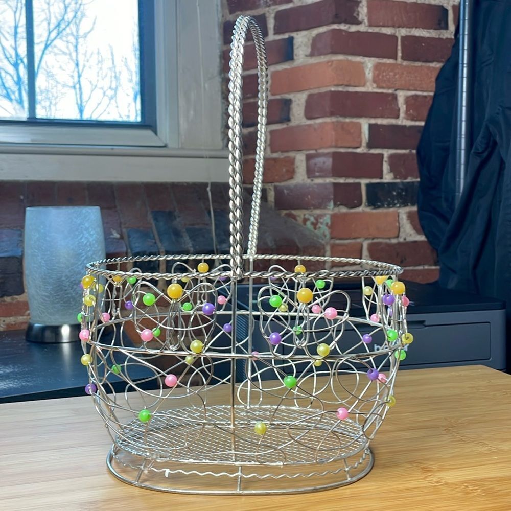 Metal Basket w/Multicolored Beads and Swirl Designs (Perfect for Easter)